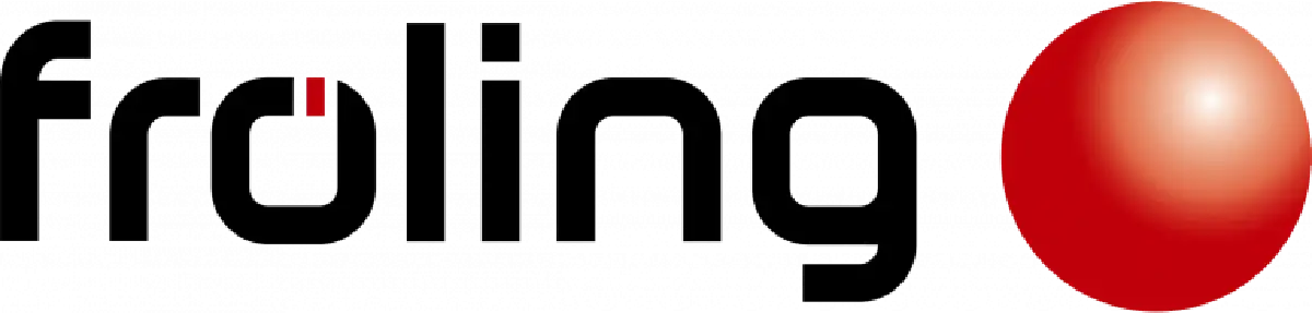 Froling-Logo mit einer großen roten Kugel auf der rechten Seite.